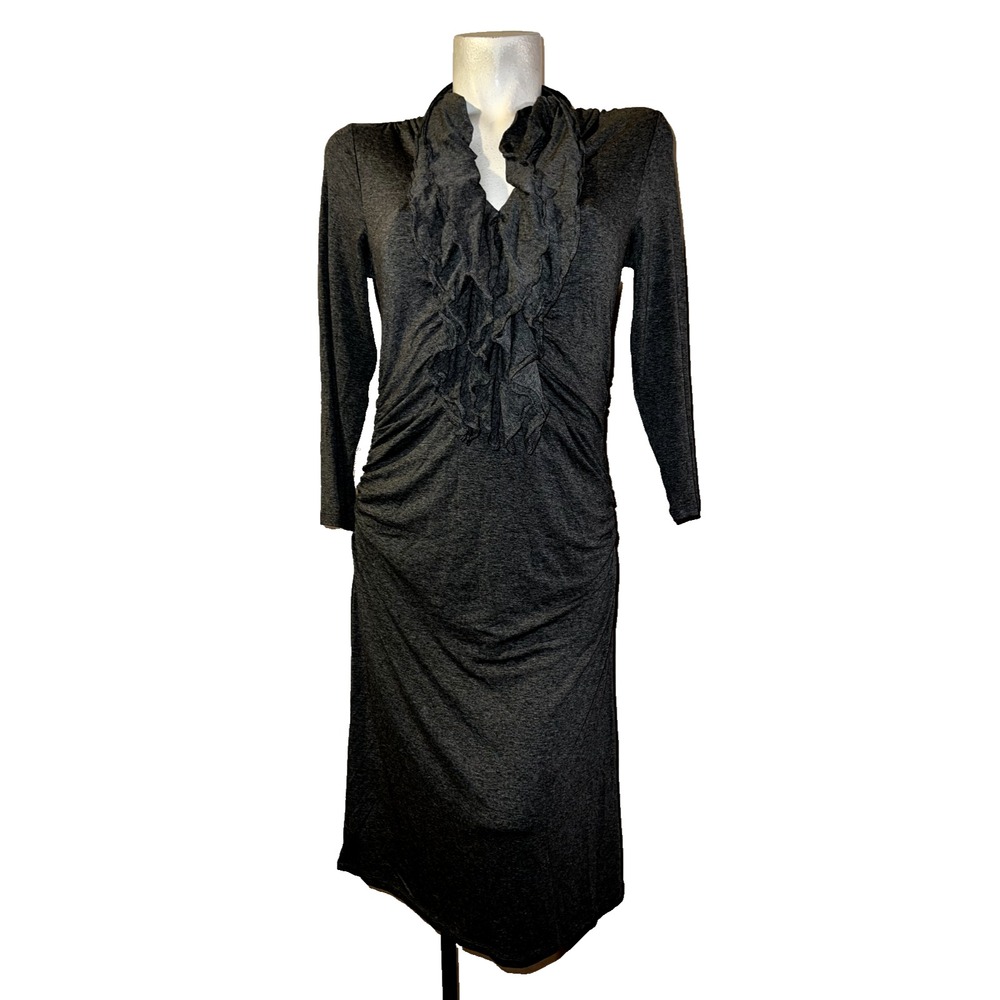NWT Kenneth Cole New York Womens Grey Ruffle V-Neck Ruched Knit Dress Size M